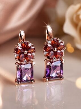 Rose Gold Floral Garnet and Amethyst Drop Earrings